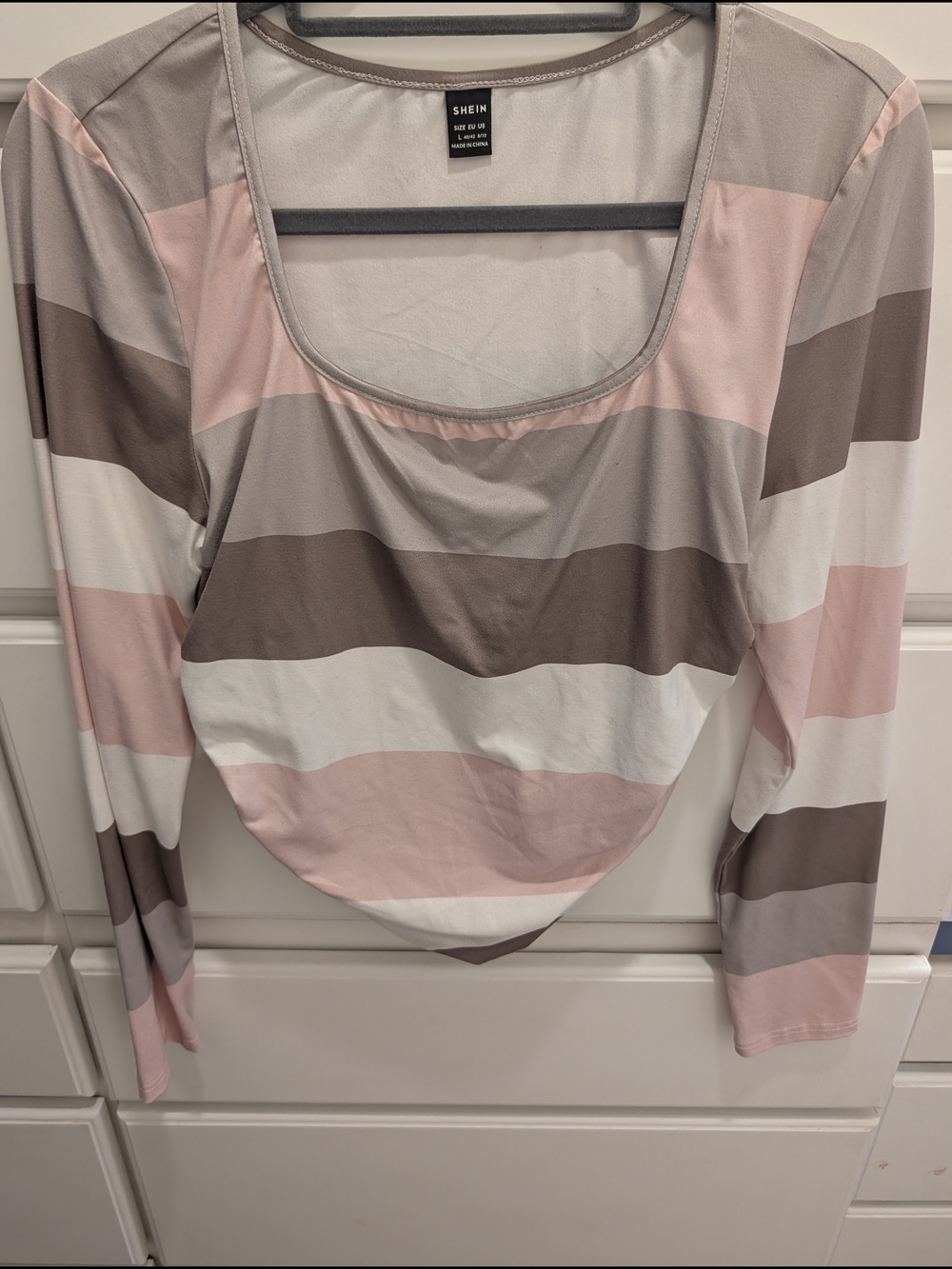 SHEIN Pastel Stripe Scoop Neck Long Sleeve Top - Pink, Taupe, White